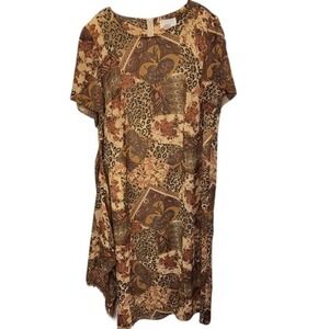 Studio C Plus Size Dress 22W Brown Beige Animal Paisley Print Short Sleeve